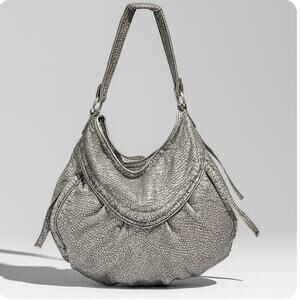 Y2K silver faux leather boho chic hobo satchel, slouchy shoulder bag